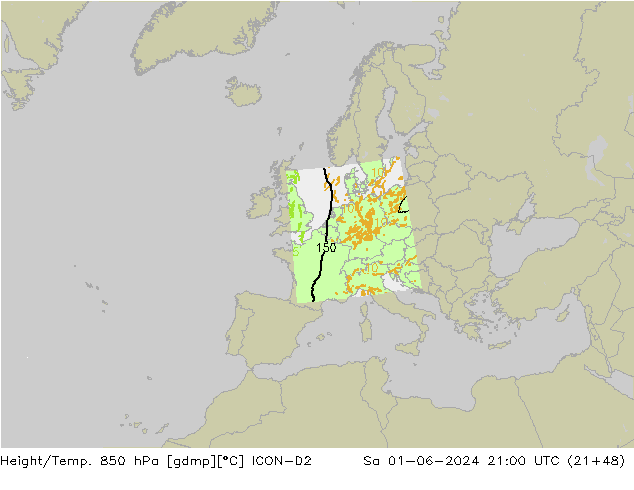 Height/Temp. 850 hPa ICON-D2 Sáb 01.06.2024 21 UTC