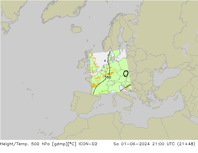 Géop./Temp. 500 hPa ICON-D2 sam 01.06.2024 21 UTC