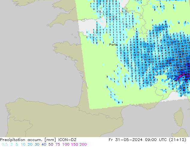 Precipitation accum. ICON-D2 Fr 31.05.2024 09 UTC