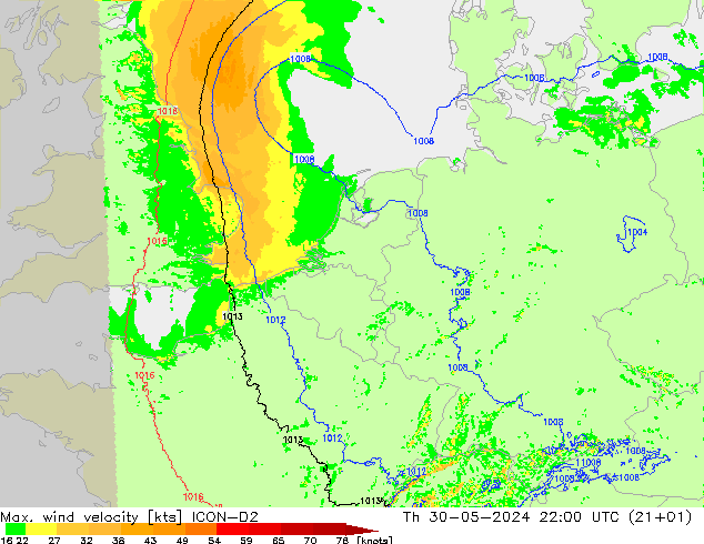 Max. wind velocity ICON-D2 星期四 30.05.2024 22 UTC