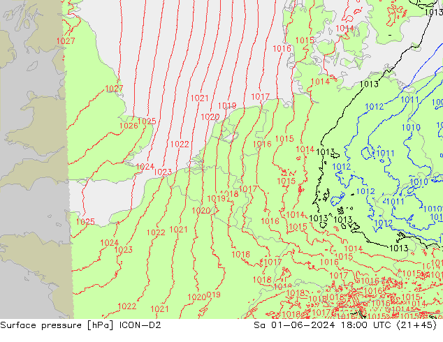 Surface pressure ICON-D2 Sa 01.06.2024 18 UTC