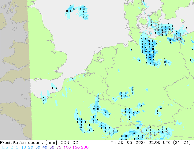 Precipitation accum. ICON-D2 星期四 30.05.2024 22 UTC