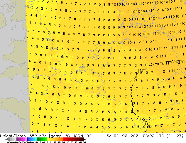 Height/Temp. 850 hPa ICON-D2 Sa 01.06.2024 00 UTC