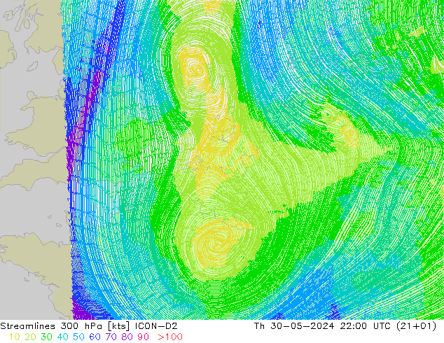 风 300 hPa ICON-D2 星期四 30.05.2024 22 UTC