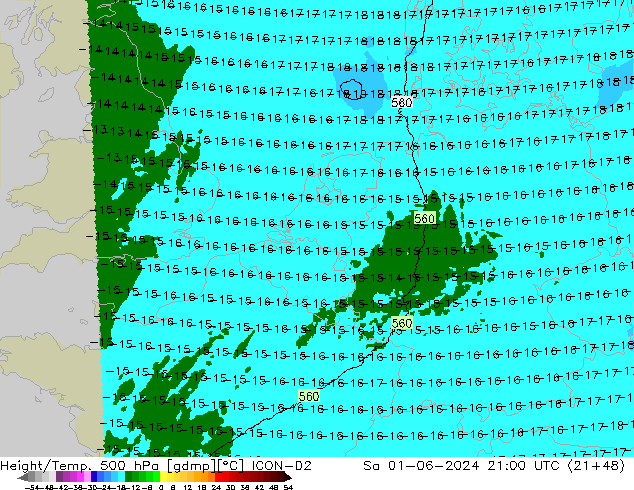 Hoogte/Temp. 500 hPa ICON-D2 za 01.06.2024 21 UTC