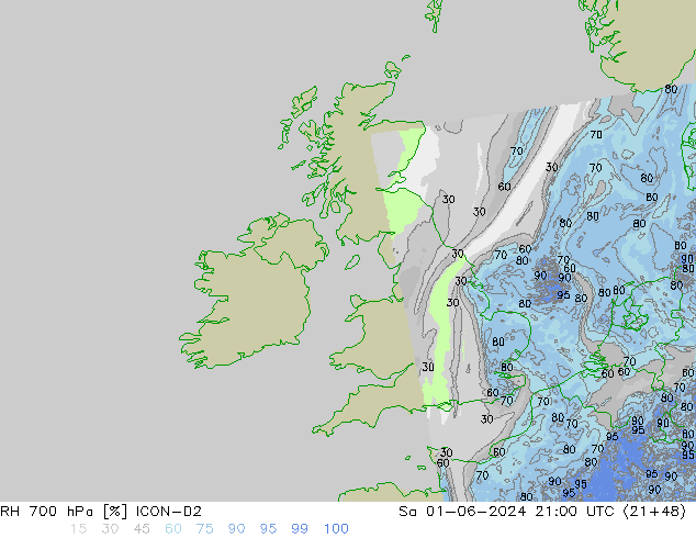 RH 700 гПа ICON-D2 сб 01.06.2024 21 UTC