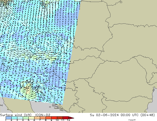 Vento 10 m (bft) ICON-D2 dom 02.06.2024 00 UTC
