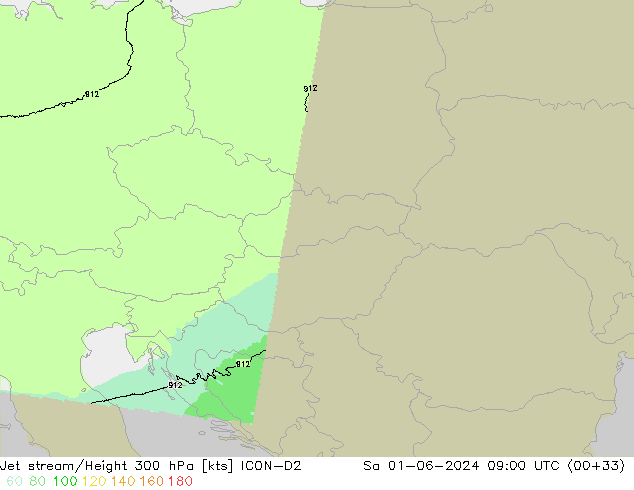 Jet stream ICON-D2 Sáb 01.06.2024 09 UTC