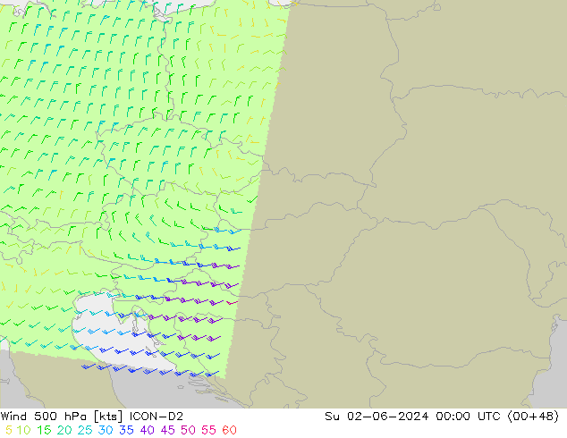 Vento 500 hPa ICON-D2 Dom 02.06.2024 00 UTC