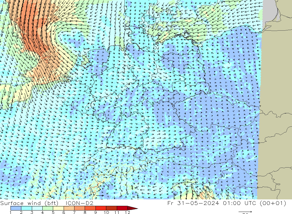 Surface wind (bft) ICON-D2 Fr 31.05.2024 01 UTC