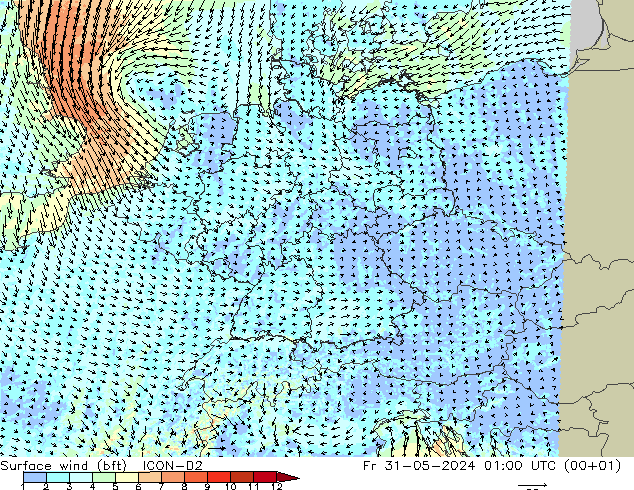 Surface wind (bft) ICON-D2 Fr 31.05.2024 01 UTC