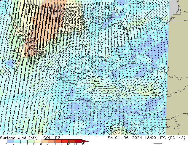Surface wind (bft) ICON-D2 Sa 01.06.2024 18 UTC