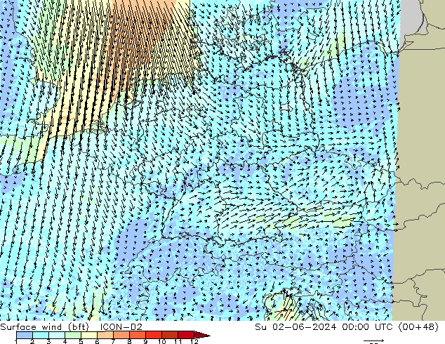 Surface wind (bft) ICON-D2 Ne 02.06.2024 00 UTC