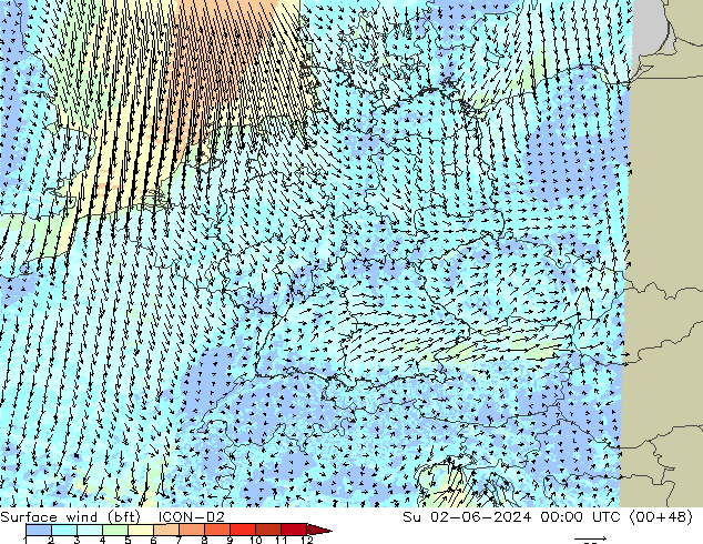 Wind 10 m (bft) ICON-D2 zo 02.06.2024 00 UTC