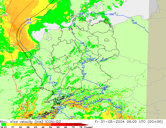 Max. wind snelheid ICON-D2 vr 31.05.2024 06 UTC