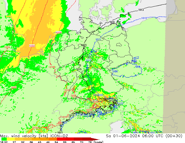 Max. wind velocity ICON-D2 Sa 01.06.2024 06 UTC