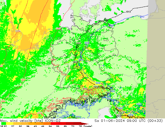 Max. wind velocity ICON-D2 Sa 01.06.2024 09 UTC