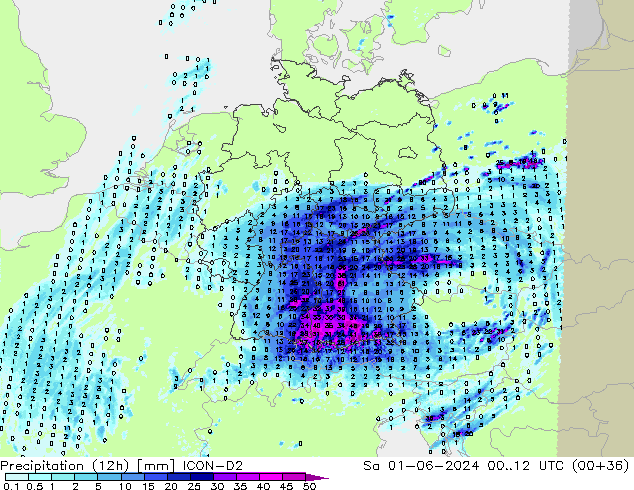 Precipitation (12h) ICON-D2 Sa 01.06.2024 12 UTC