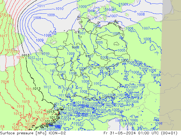 Atmosférický tlak ICON-D2 Pá 31.05.2024 01 UTC