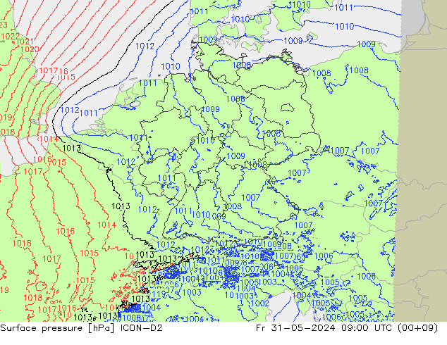 Atmosférický tlak ICON-D2 Pá 31.05.2024 09 UTC