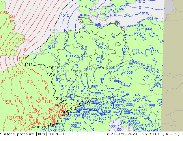 Atmosférický tlak ICON-D2 Pá 31.05.2024 12 UTC