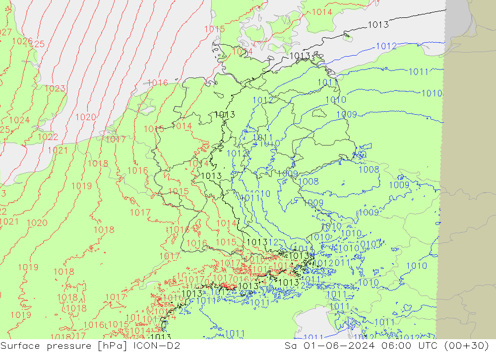 Surface pressure ICON-D2 Sa 01.06.2024 06 UTC