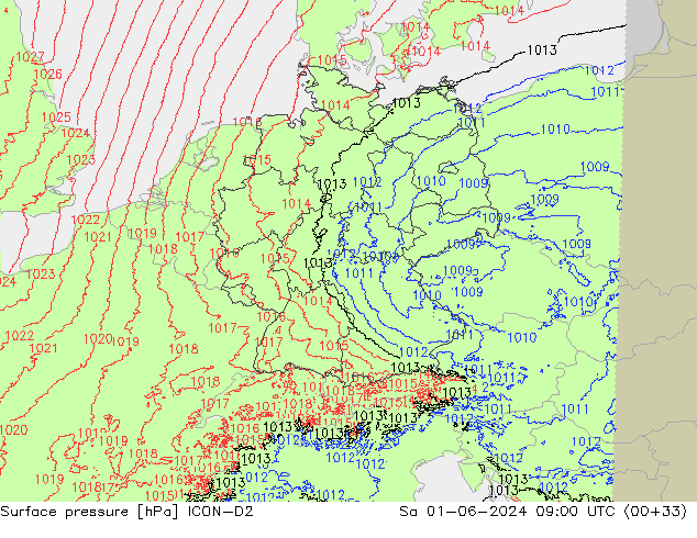 Surface pressure ICON-D2 Sa 01.06.2024 09 UTC