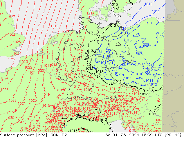 Surface pressure ICON-D2 Sa 01.06.2024 18 UTC