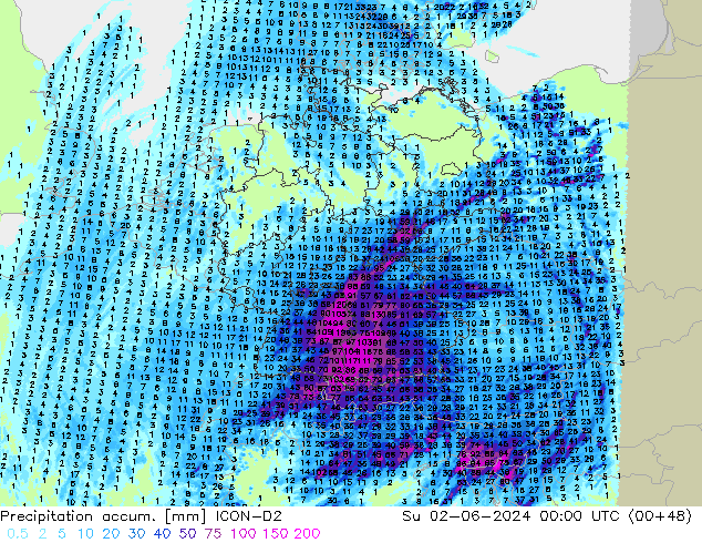 Precipitation accum. ICON-D2 Su 02.06.2024 00 UTC