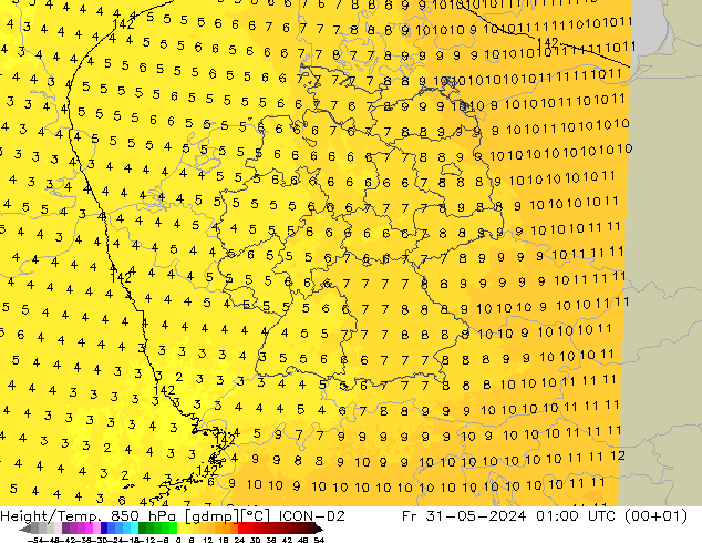 Yükseklik/Sıc. 850 hPa ICON-D2 Cu 31.05.2024 01 UTC