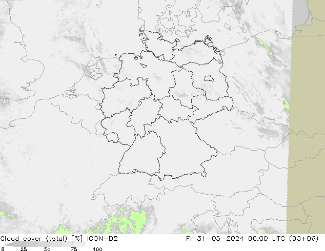 Cloud cover (total) ICON-D2 Pá 31.05.2024 06 UTC