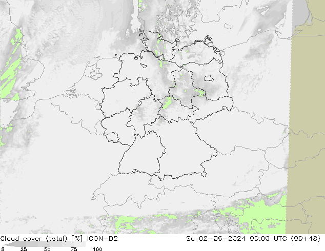 Cloud cover (total) ICON-D2 Su 02.06.2024 00 UTC