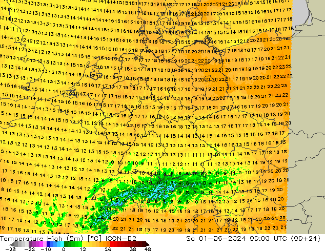 Temperature High (2m) ICON-D2 Sa 01.06.2024 00 UTC