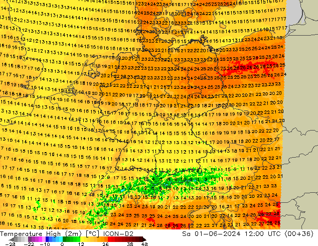 Nejvyšší teplota (2m) ICON-D2 So 01.06.2024 12 UTC