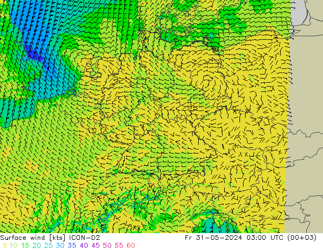 Surface wind ICON-D2 Fr 31.05.2024 03 UTC