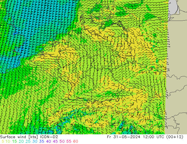 Surface wind ICON-D2 Pá 31.05.2024 12 UTC