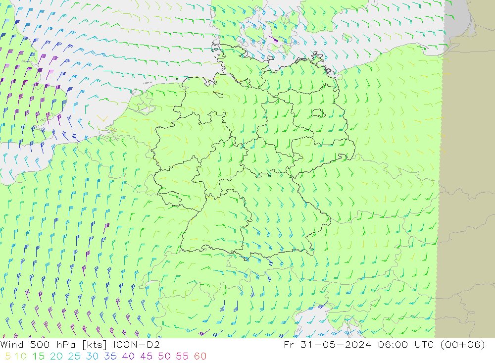 Rüzgar 500 hPa ICON-D2 Cu 31.05.2024 06 UTC