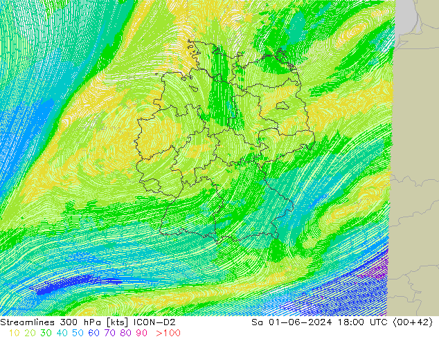 Streamlines 300 hPa ICON-D2 So 01.06.2024 18 UTC