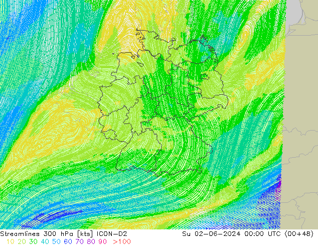 Linea di flusso 300 hPa ICON-D2 dom 02.06.2024 00 UTC