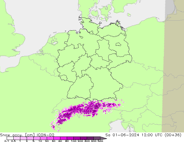 Totale sneeuw ICON-D2 za 01.06.2024 12 UTC