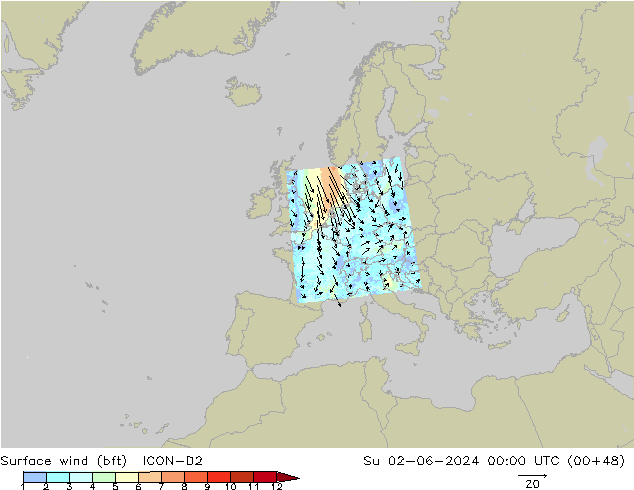 Bodenwind (bft) ICON-D2 So 02.06.2024 00 UTC