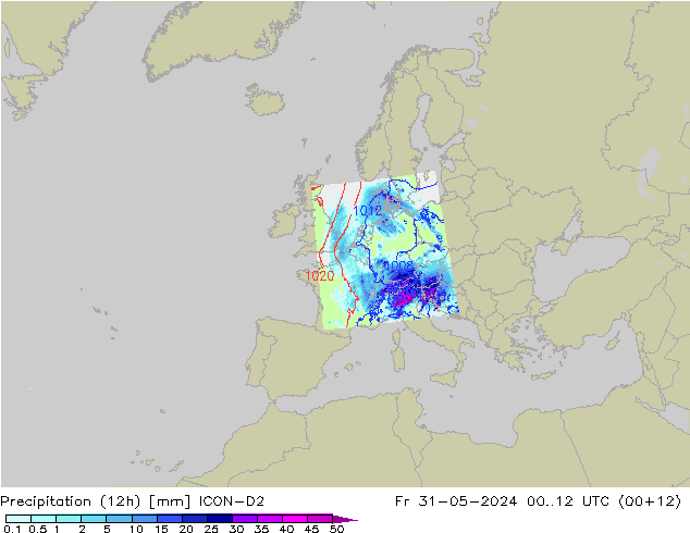 Precipitation (12h) ICON-D2 Fr 31.05.2024 12 UTC