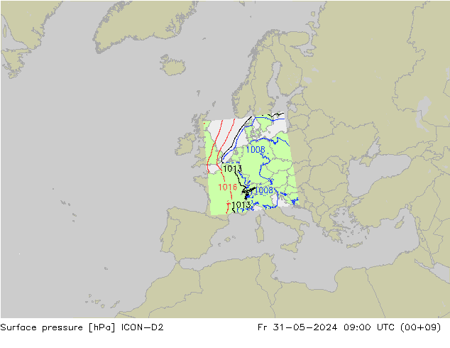 Luchtdruk (Grond) ICON-D2 vr 31.05.2024 09 UTC