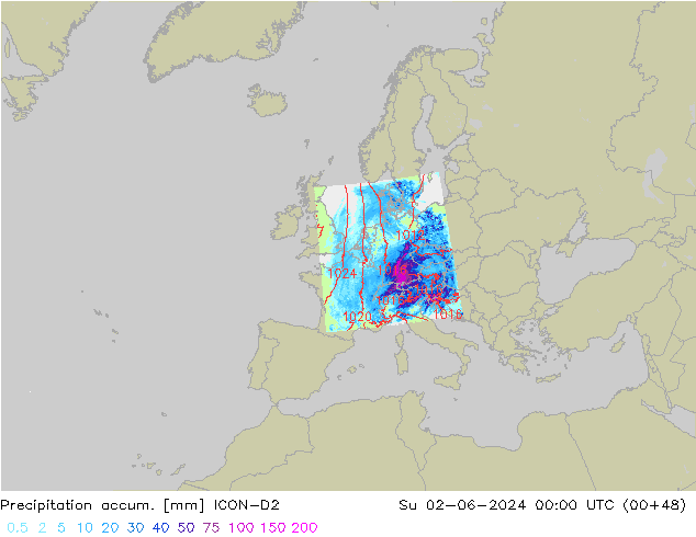 Totale neerslag ICON-D2 zo 02.06.2024 00 UTC