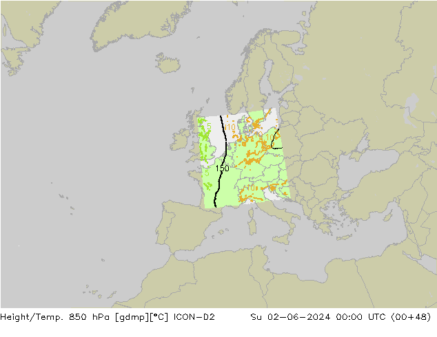 Height/Temp. 850 hPa ICON-D2 Ne 02.06.2024 00 UTC
