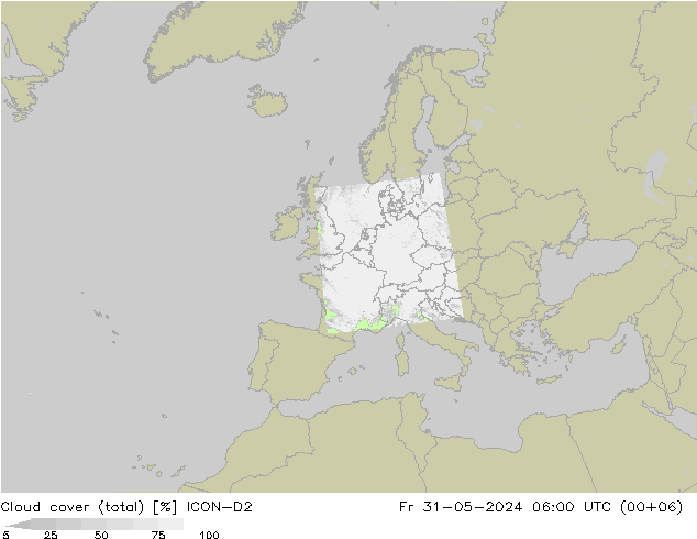 Cloud cover (total) ICON-D2 Fr 31.05.2024 06 UTC