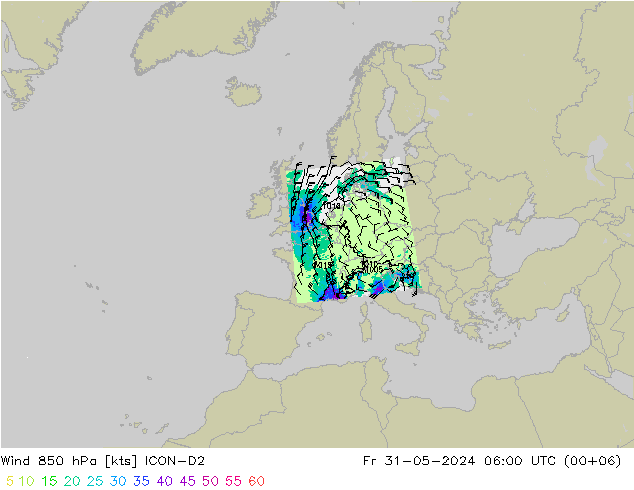 Wind 850 hPa ICON-D2 vr 31.05.2024 06 UTC