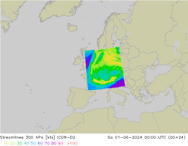 Linea di flusso 300 hPa ICON-D2 sab 01.06.2024 00 UTC