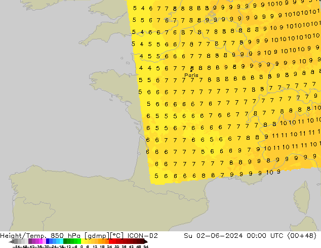 Hoogte/Temp. 850 hPa ICON-D2 zo 02.06.2024 00 UTC