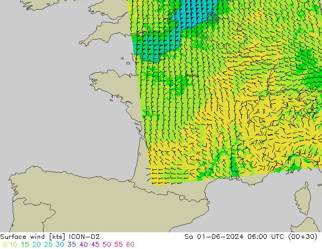 Vento 10 m ICON-D2 Sáb 01.06.2024 06 UTC